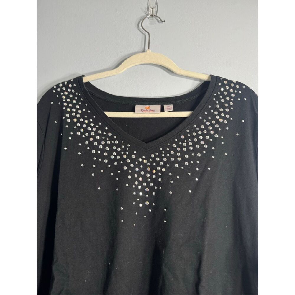 Quacker Factory Womens V Neck Embellished 3/4 Sleeve Cotton Tunic Black 2X